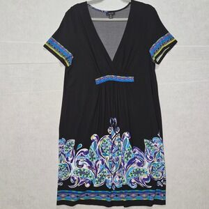 R#12 Snap Black V Neck Short Sleeve Dress Bold Paisley Print Size 3X run small
